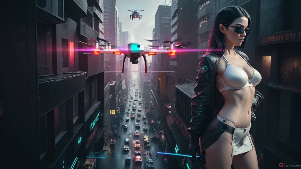 20-year old large-breast woman with cleavage:1.4, 1woman, solo, 3D neon art of a woman's body, (with low angle view), (((((matrix style black micro sunglasses, black bra and very short black miniskirt, white G-string panty))))), (((aiming with a short gun))), (looking at camera), aerial view of blade runner neon-noir city background, (((Matrix cascading code))), (((1drone alone above city))), perfect composition, beautiful detailed intricate insanely detailed octane render trending on artstation, 8K artistic photography, photorealistic concept art, soft natural volumetric cinematic perfect light, chiaroscuro, award-winning photograph, masterpiece, oil on canvas, Raphael, Caravaggio, Greg Rutkowski, Beeple, Beksinski, Giger