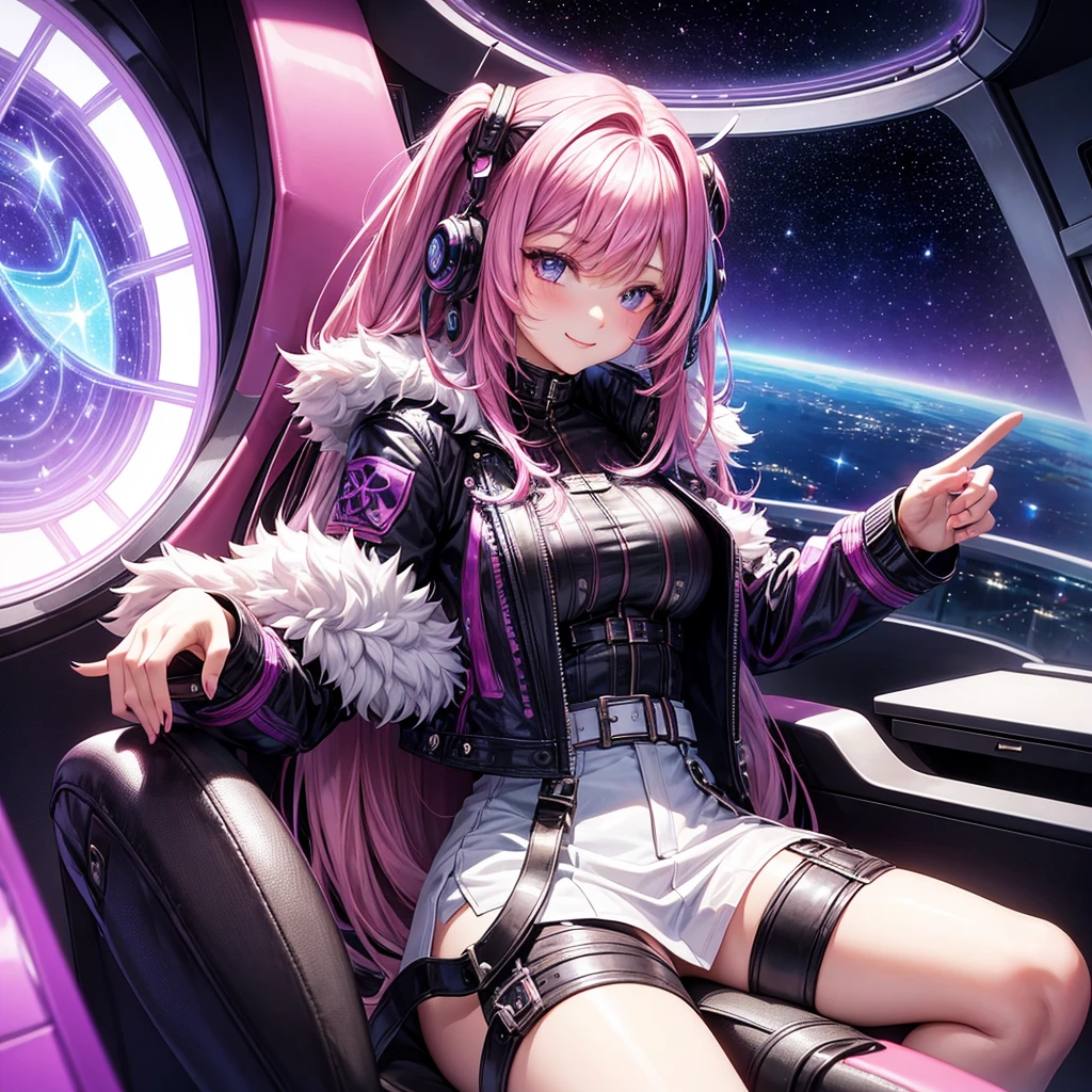 A young sexy woman with long purple hair and sexy clothes sits in a spaceship seat、A beautiful starry sky can be seen from the window.。smile，leather jacket，Future Fashion，Angel Girl，Pink Hair，Horny girl，High-dimensional beautiful girl，Multidimensional beautiful girl，colorful hair colors，Multi-colored hair，Future Fashion