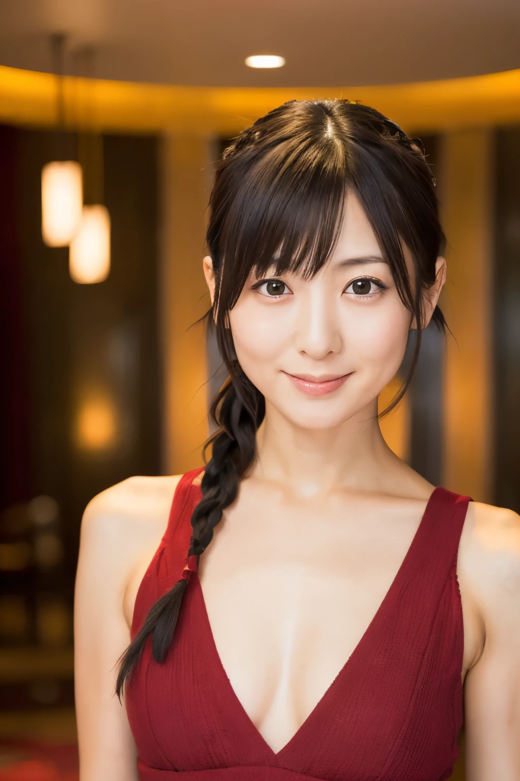 A Japanese woman, {30|40} years old, 1girl, cute face, slight smile, ((detailed face, detailed eyes)), black {short|braid} hair, medium breasts, very thin waist, correct human body structure, red tube dress in a hotel lobby, (full body photo),