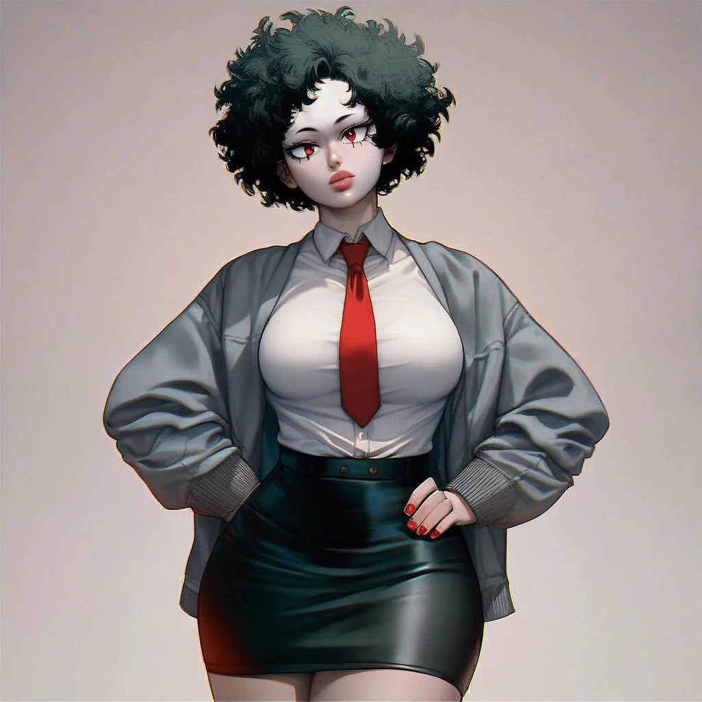 score_9, score_8_up, score_7_up, score_6_up, score_5_up, score_4_up, 1Girl, (/Boku no hero academia/), White skin, Short curly hair black, Red eyes with long eyelashes, Round cherry lips, Large breasts, Wide hips, Nail clothes, Gray jacket with red tie, Skirt, Style_anime