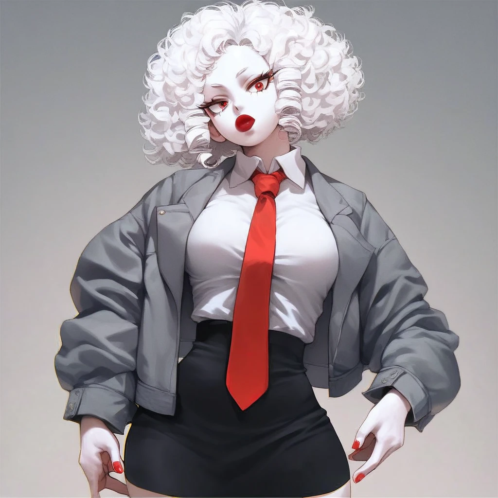 score_9, score_8_up, score_7_up, score_6_up, score_5_up, score_4_up, 1Girl, (/Boku no hero academia/), White skin, Short curly hair black, Red eyes with long eyelashes, Round cherry lips, Large breasts, Wide hips, Nail clothes, Gray jacket with red tie, Skirt, Style_anime