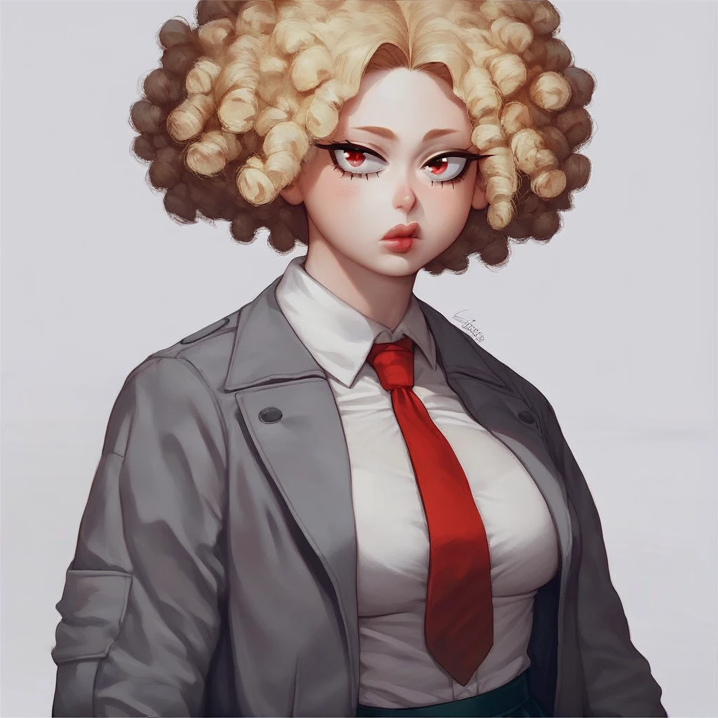 score_9, score_8_up, score_7_up, score_6_up, score_5_up, score_4_up, 1Girl, (/Boku no hero academia/), White skin, Short curly hair black, Red eyes with long eyelashes, Round cherry lips, Large breasts, Wide hips, Nail clothes, Gray jacket with red tie, Skirt, Style_anime
