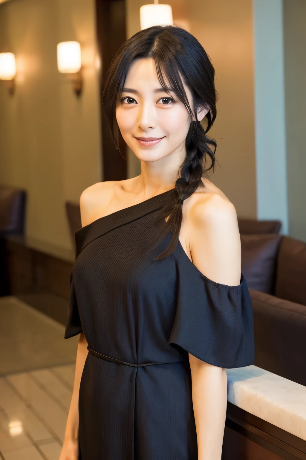 A Japanese woman, {30|40} years old, 1girl, cute face, slight smile, ((detailed face, detailed eyes)), black {short|braid} hair, medium breasts, very thin waist, correct human body structure, Off-the-shoulder dress in various colors, in a hotel lobby, (full body photo),
