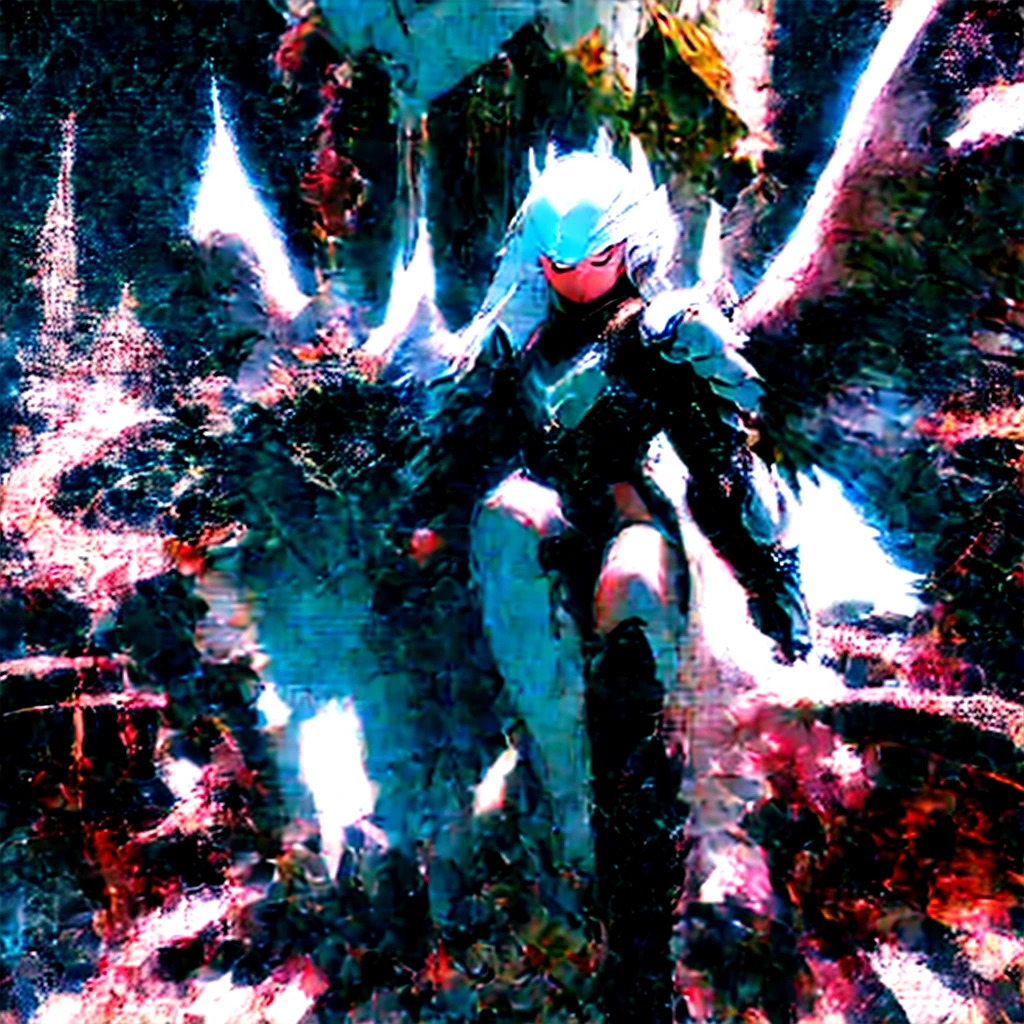 A female angel with black wings and white hair, in the middle of the desert, during an eclipse, during at night, character in the center of the image