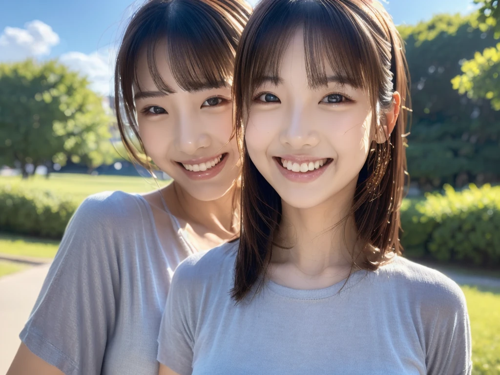 two tanned beautiful girls、japanes、17 age、Summer Dress、Wheat field、up of face、Hair growth、short-hair、With bangs、hair adornments、poneyTail、