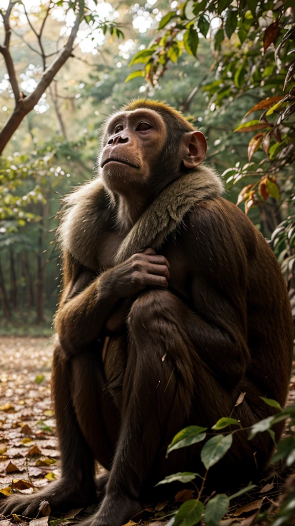 A monkey is closing his eyes amidst the dry leaves in the forest