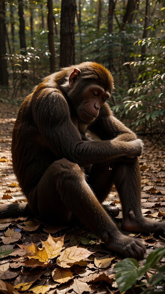 A monkey is closing his eyes amidst the dry leaves in the forest