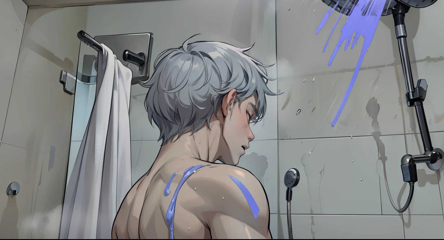 masterpiece, best quality, high quality,  1boy, duo, male focus, blushing, smiling, horny, sweating, full body, looking at viewer, white hair,spiky hairstyle, short hair, steam smork, japan style,  anime coloring, detailed face, topless, naked, in shower, oiled up, white thong, ass pointed at viewer, bending over, cum leaking out of ass, viewer looking at ass from behind