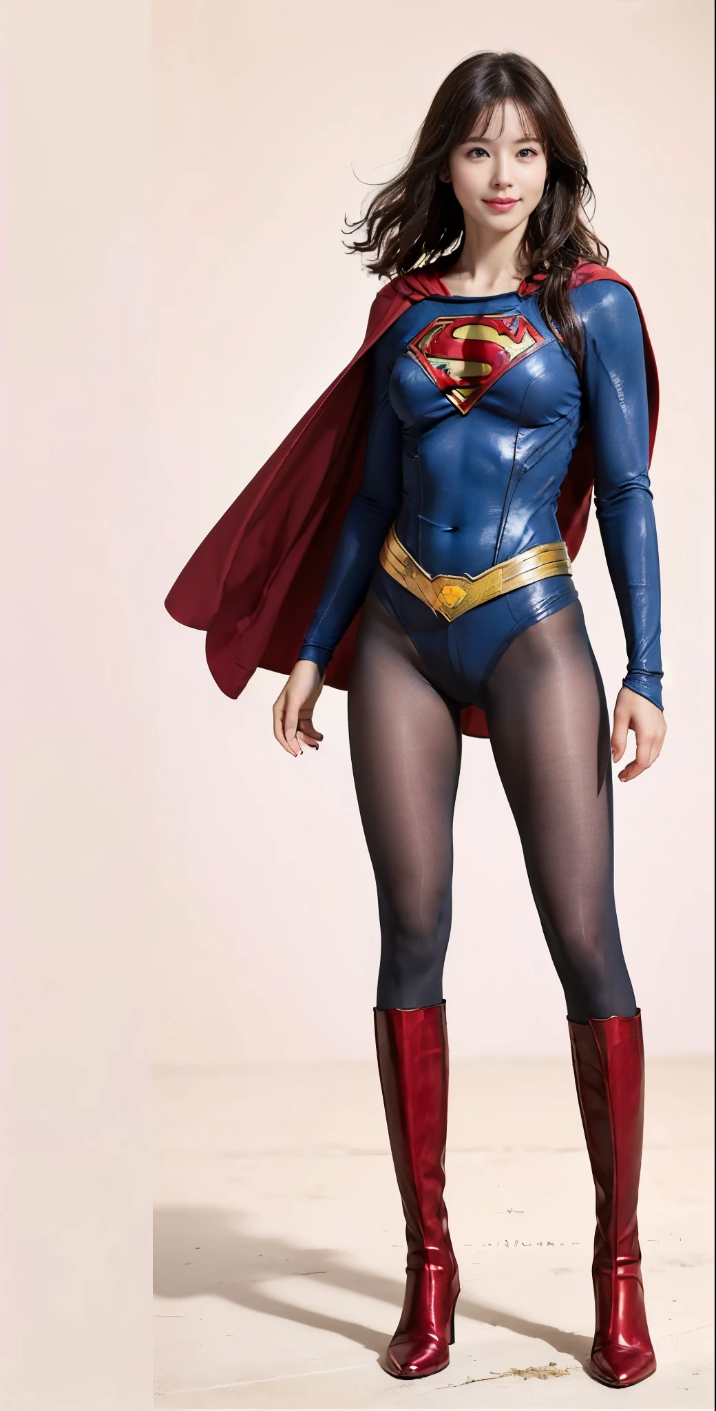 No background、(((Beautiful legs in black tights.)))、(((Legally express the beauty of your smile)))、((((Make the most of your original images)))、(((Supergirl Costume)))、(((Beautiful very short hair)))、(((suffering)))、(((Please wear black tights....、Wear red boots)))、((Best image quality、8K))、((Highest quality、8K、masterpiece:1.3))、(((Preserve background )))、Sharp focus:1.2、Beautiful woman with perfect figure:1.4、Slim Abs:1.2、Wet body:1.5、Highly detailed face and skin texture、8K