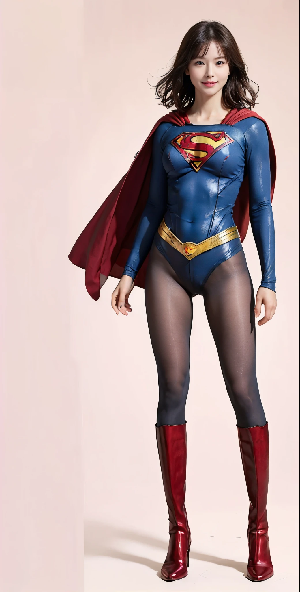 No background、(((Beautiful legs in black tights.)))、(((Legally express the beauty of your smile)))、((((Make the most of your original images)))、(((Supergirl Costume)))、(((Beautiful very short hair)))、(((suffering)))、(((Please wear black tights....、Wear red boots)))、((Best image quality、8K))、((Highest quality、8K、masterpiece:1.3))、(((Preserve background )))、Sharp focus:1.2、Beautiful woman with perfect figure:1.4、Slim Abs:1.2、Wet body:1.5、Highly detailed face and skin texture、8K