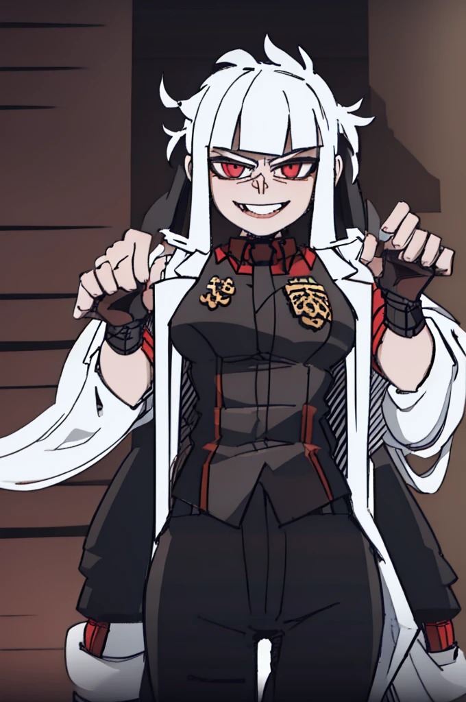 Male, man, masculine, muscular, , uniform, brown and black uniform, excited, fighting stance, high quality, simple background, smiling, sharp eyes, dark red eyes, deep blue hair, fighting position, guy, dude.