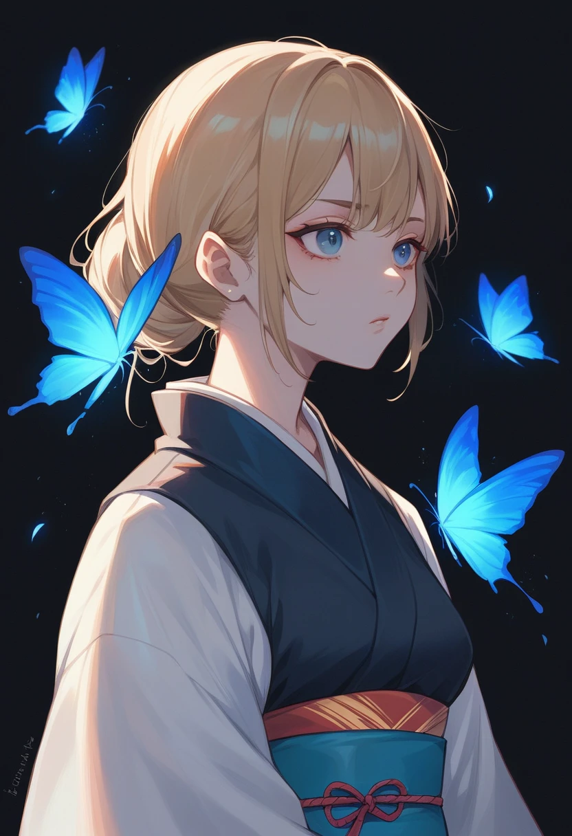 Black background. Distant view. A woman in a Meiji-era kimono stands staring in front of her with a gun at the ready. Around her, a flock of blue butterflies flit about like a storm.