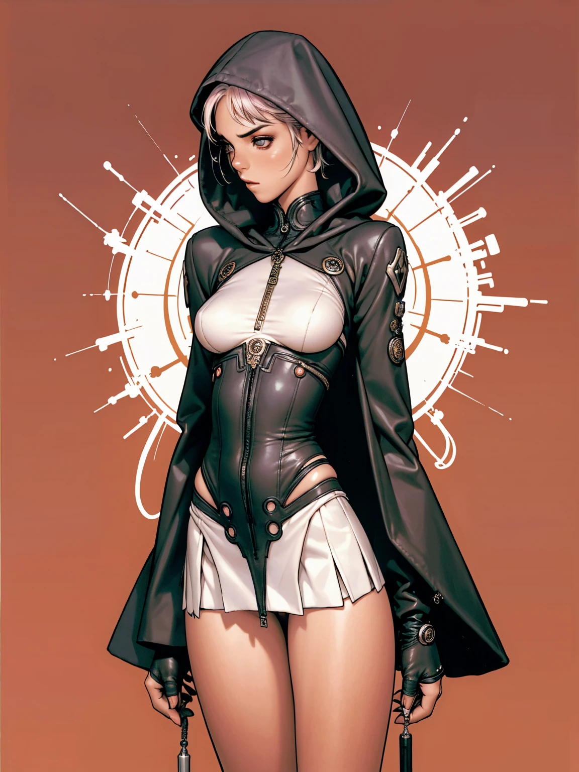 (best qualityer))), (((manga strokes))), (((gray bob hair with straight bangs and red highlights))), uma Kizi jovem muito bem vestida com micro vestido plissado com costuras verticais, beautiful and expressive face, slightly-smile, big eyes with long black eyelashes, heavy make-up, chains and zippers spread across clothes, contrasting colours, pose de atitude, hair with a modern and futuristic cut, urban game poster art, dramatic camera angles, graffiti art elements in the background, design mixing contemporary and retro by Shepard Fairey, (((cowboy shot))), (((best qualityer: 1.4))), (Unbeatable masterpiece), (hiper HD),(CG 8k hyper-realistic), Kizi, (((standing alone))), pirralha violent, ((())), sexly, pose de atitude, work of art, post-apocalypse, (((manga style))), bounty hunter, violent, Manic, the way you want, slenderbody, thin but strong, perfectbody, roupa moderna, advanced technology, neon, sleeves with vertical striped pattern, neutral background, (( cowboy shot )). intricate visual