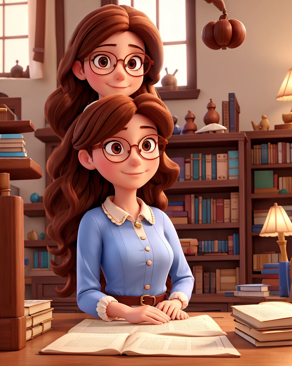 Woman, wearing round glasses, chestnut hair, in classic clothes, surrounded by books, Looks like Princess Belle