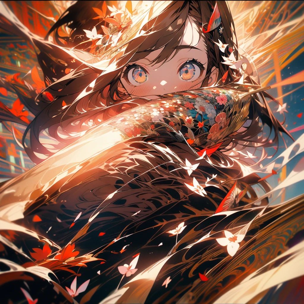 (Beautiful and aesthetic:1.2)、(1 Girl:1.3)、(Brown color hair:1.2)、Wearing a red kimono、miracle、happinessそうなsmile、smile、happiness、Gypsophila in full bloom、Fantastic space、(masterpiece, Highest quality, Highly detailed CG, Beautiful fine details, Super detailed, Intricate details:1.2), 8k wallpaper, Elaborate features, (One girl, alone:1.4), Long Hair, Striped Hair, Fairy, View Viewer, Brown-colored eyes, Mysterious,white flame,Red and white flowers、wedding、