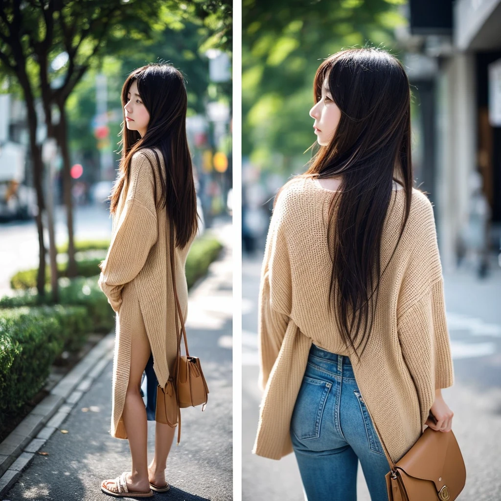 iPhone 15 pro photo, cool fashionable japanese woman, she's longhair, full body Directly behind photo, back view ,emotional photo, single focal length lens, portrait, Japanese photography style, Photo-detailed portrait style,beautiful shining straighthair,