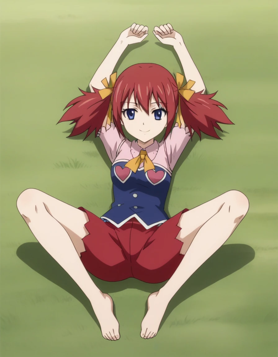 chelia_blendy, source_anime, rating_safe, intricate details, anime screencap, anime coloring, 1girl, solo,  red hair, blue eyes, ribbon, hair ribbon, twintails, short twintails, looking at viewer, high quality, solo, lying, on back, arms up, spread arms, closed mouth, on grass, center, full body, looking at viewer, suggestive smile, best quality, spread legs,