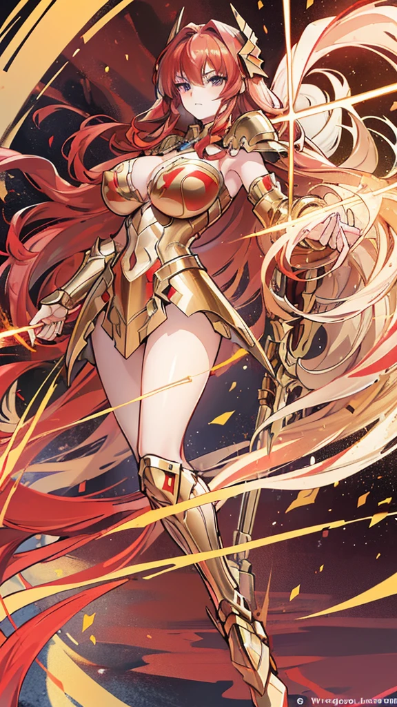 woman, long hair,, Golden Armor, Sagittarius Armor, very long hair, (long hair), long hair, (((Red hair))), (((Red hair))), Detailed images, Super definition, 16K, looking at camera, wing, Golden armor, helmet, Sagittarius Armor，Huge breasts，cleavage，silver eyes，Expose，Shooting an arrow