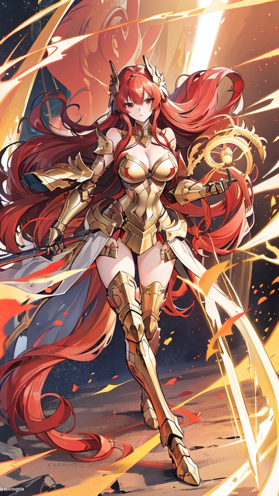 woman, long hair,, Golden Armor, Sagittarius Armor, very long hair, (long hair), long hair, (((Red hair))), (((Red hair))), Detailed images, Super definition, 16K, looking at camera, wing, Golden armor, helmet, Sagittarius Armor，Huge breasts，cleavage，silver eyes，Expose，Shooting an arrow