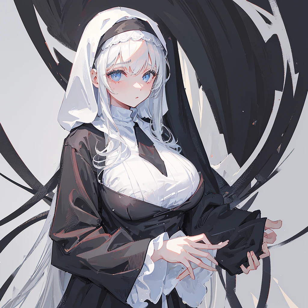 A girl,Dressed in black and white,nun,Dressed elegantly,Big breasts,((Pure white background))