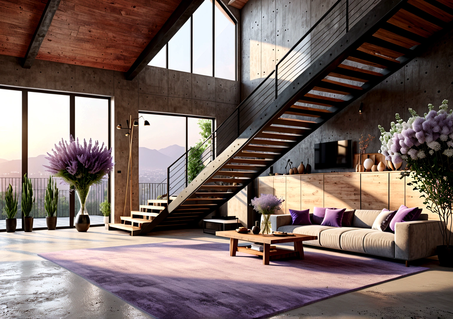 modern minimalist loft living room, large decorative table, rose flowers, lavender, baby's breath, modern staircase leading to upper loft, artistic floor lamp, concrete and wood textures, bright and soft lighting, open and airy space, minimalist decor elements, high quality, 4k, 8k, photorealistic, concept art, interior design, natural lighting, warm colors