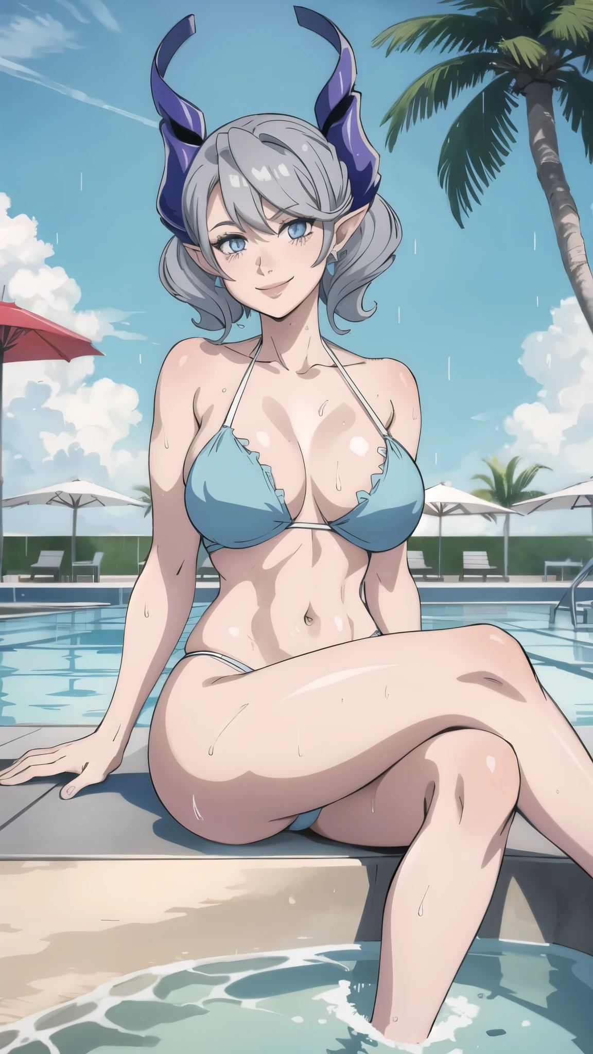 　3 girls High level image quality　best image quality　8K　 adult woman    pool party  rain　palm trees  more colors   whole body view　portrait　mix color bikini   　horn    ears  　short hair（（shortcut）（gray hair）（perm）（fluffy））　eye color is blue ,  , 　attractive evil face , smile   ,  sexy pose   ,  labrynth ,  barearm     , sittings  by the pool , crossed legs  , all wet , view foot arc
