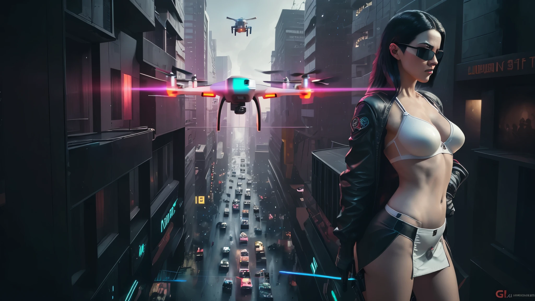20-year old large-breast woman with cleavage:1.4, 1woman, solo, 3D neon art of a woman's body, (with low angle view), (((((matrix style black micro sunglasses, black bra and very short black miniskirt, white G-string panty))))), (((aiming with a short gun))), (looking at camera), aerial view of blade runner neon-noir city background, (((Matrix cascading code))), (((1drone alone above city))), perfect composition, beautiful detailed intricate insanely detailed octane render trending on artstation, 8K artistic photography, photorealistic concept art, soft natural volumetric cinematic perfect light, chiaroscuro, award-winning photograph, masterpiece, oil on canvas, Raphael, Caravaggio, Greg Rutkowski, Beeple, Beksinski, Giger