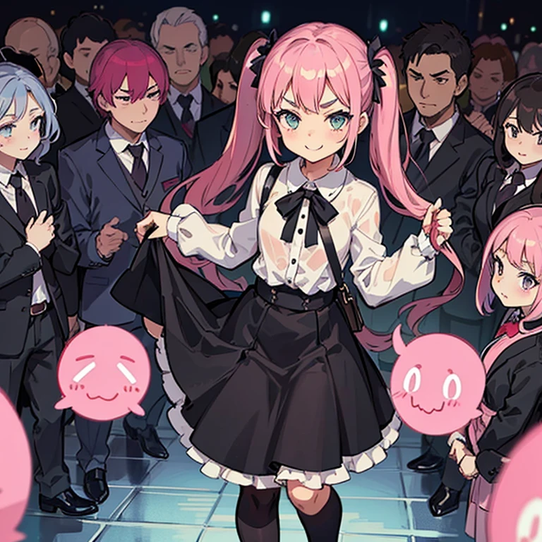 Girl with pink hair, long twin-tail hairstyle, small bushy eyebrows, dressed in gothic ta clothes, loli(Zankuro) drawing style by zankuro artist, Zancrow style, image uploaded to R34, walking to school, flirty smile, lifting her skirt to show her vagina wet with semen, standing in the middle of a crowd