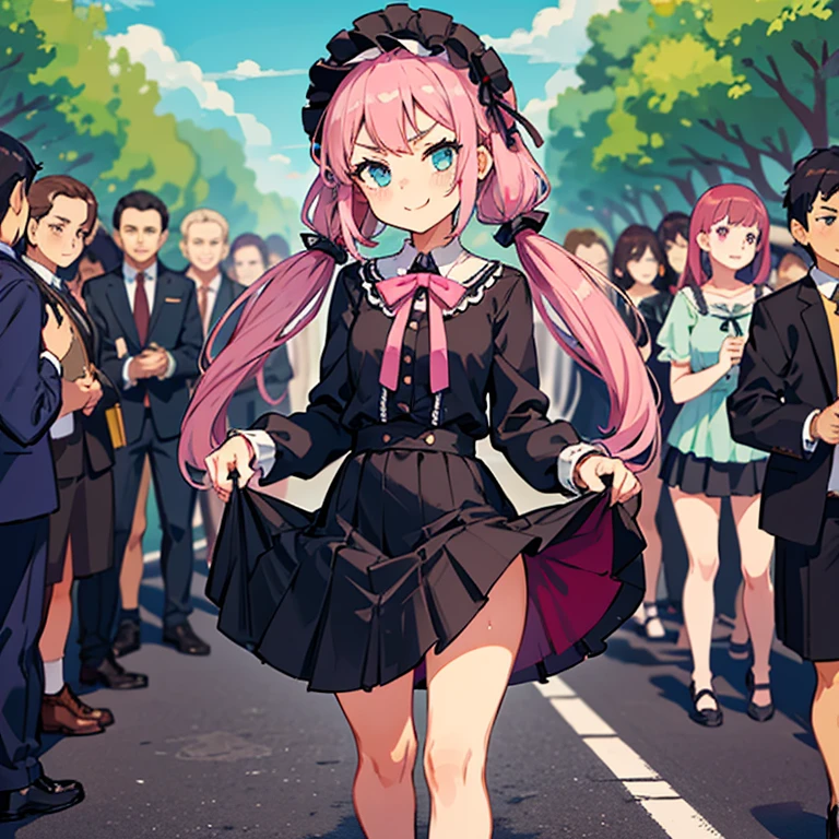 Girl with pink hair, long twin-tail hairstyle, small bushy eyebrows, dressed in gothic ta clothes, loli(Zankuro) drawing style by zankuro artist, Zancrow style, image uploaded to R34, walking to school, flirty smile, lifting her skirt to show her vagina wet with semen, standing in the middle of a crowd