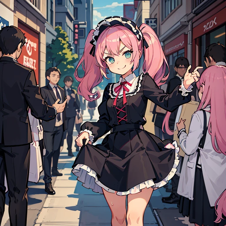 Girl with pink hair, long twin-tail hairstyle, small bushy eyebrows, dressed in gothic lolita clothes, lolicon (Zankuro) drawing style by zankuro artist, Zancrow style, image uploaded to R34, walking to school, flirty smile, lifting her skirt to show her vagina wet with semen, standing in the middle of a crowd