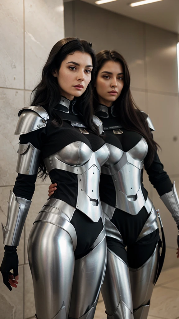 2 Beautiful tall women in robotic armor with super realistic and well detailed black hair.