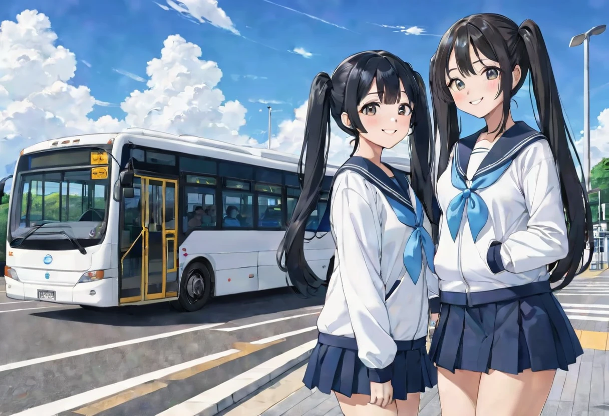 Black long hair、Two beautiful girls with twin tails、Sailor suit、Bright smile、Full Body View、Waiting for a bus at the bus stop、I can see the bus、White clouds in blue sky、Face Highlights