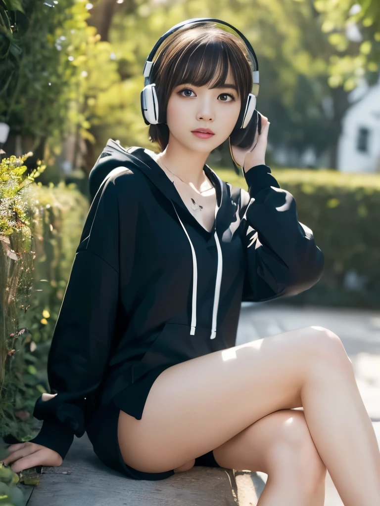 (masterpiece、Ultra-detailed、8K、Highest quality:1.3)、((wonderful))、Short hair with bangs、Wearing a black short-sleeved hoodie、White Mill、((Wear black headphones around your neck))、Sit on、Leg spread、garden