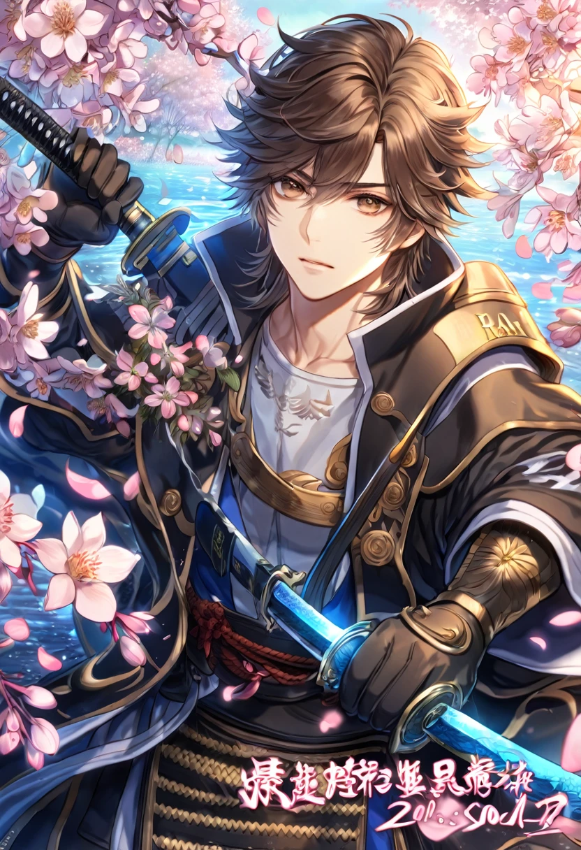 Ultra detailed, highres, absurdres, HDR, master piece, Date Masamune, medium brown hair, expressive brown eyes, Sengoku Basara, fantasy, pink petals, water, pink flowers, handsome, sexy man grabbing a sword, solo, best quality, blossoms, blue shining fireflies, blue and black clothes, the word "KROZSERIA" is written on his shirt, black gloves, 