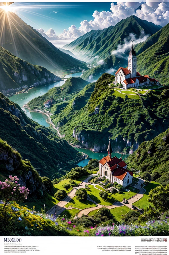 Medieval Catholic church on the mountain, View of the sea, surrounded by lush vegetation in a valley of flowers, rise sun, with rays of light, slightly misty day, Ultra -HD, 真实感, cinematic light, detailed back ground, swirly vibrant colors, conceptual artwork