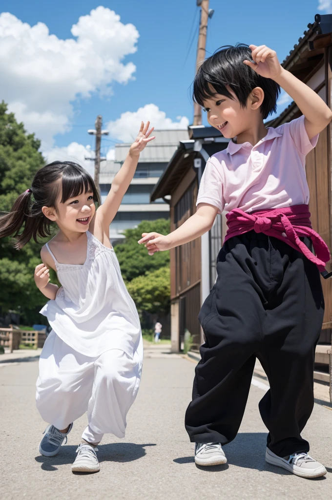 Illustration of a 3-year-old and a 5-year-old dancing. Japanese shounen manga style.