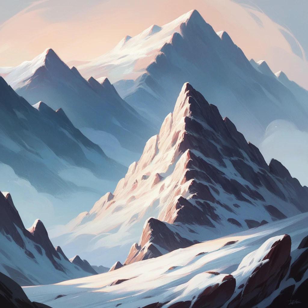 Snow-white Rocky Mountains, blue skies, faraway and majestic views, watercolors, top quality images.