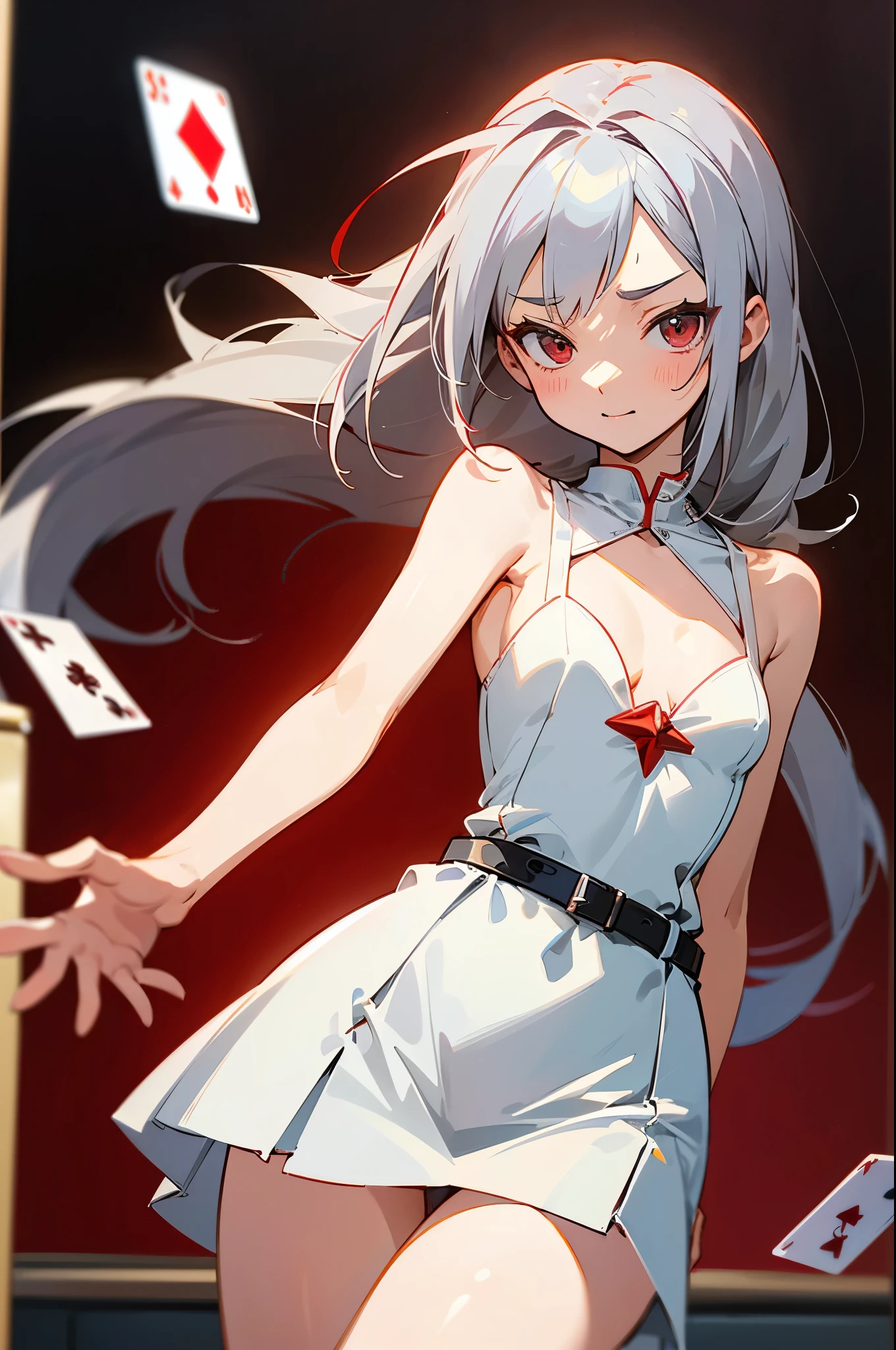Anime-style illustrations, Highest quality, 4K, Girl 1, alone, Playing a card game, Delighted, (Gray Hair, Long Hair, micro dress, White underwear, Small breasts, The body is slim, bright red face), School, classroom,