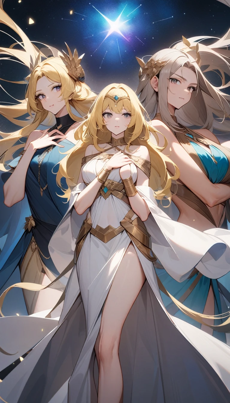 (Huang Li、high quality、Extremely detailed),Constellation - Gemini Goddess,Two goddesses,Women standing opposite,Similar to Latin goodness,brave,capricious,Productivity,The face of enterprising and humanitarianism,Long yellow hair,Ancient Greek costumes、Wrap Dress,Conservative clothing,Cover your chest,The background is the universe,Crystal black eyes(Eyes Details),Powerful appearance,Correct finger,Correct anatomy
