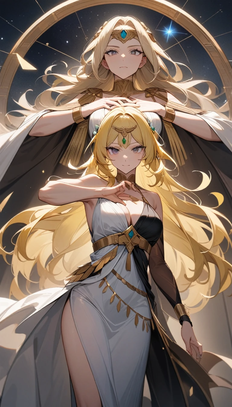 （Huang Li、high quality、Extremely detailed），Constellation - Gemini Goddess，Two goddesses，Women standing opposite，Similar to Latin goodness，brave，capricious，Productivity，The face of enterprising and humanitarianism，Long yellow hair，Ancient Greek costumes、Wrap Dress，Conservative clothing，Cover your chest，The background is the universe，Crystal black eyes（Eyes Details），Powerful appearance，Correct finger，Correct anatomy