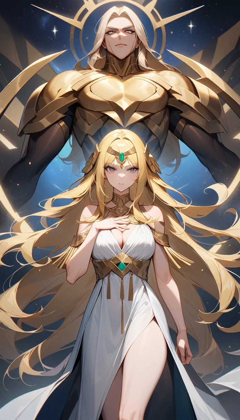 (Huang Li、high quality、Extremely detailed),Constellation - Gemini Goddess,Two goddesses,Women standing opposite,Two goddesses看着对方,Similar to Latin goodness,brave,capricious,Productivity,The face of enterprising and humanitarianism,Long yellow hair,Ancient Greek costumes、Wrap Dress,,The background is the universe,Crystal black eyes(Eyes Details),Powerful appearance,Correct finger,Correct anatomy