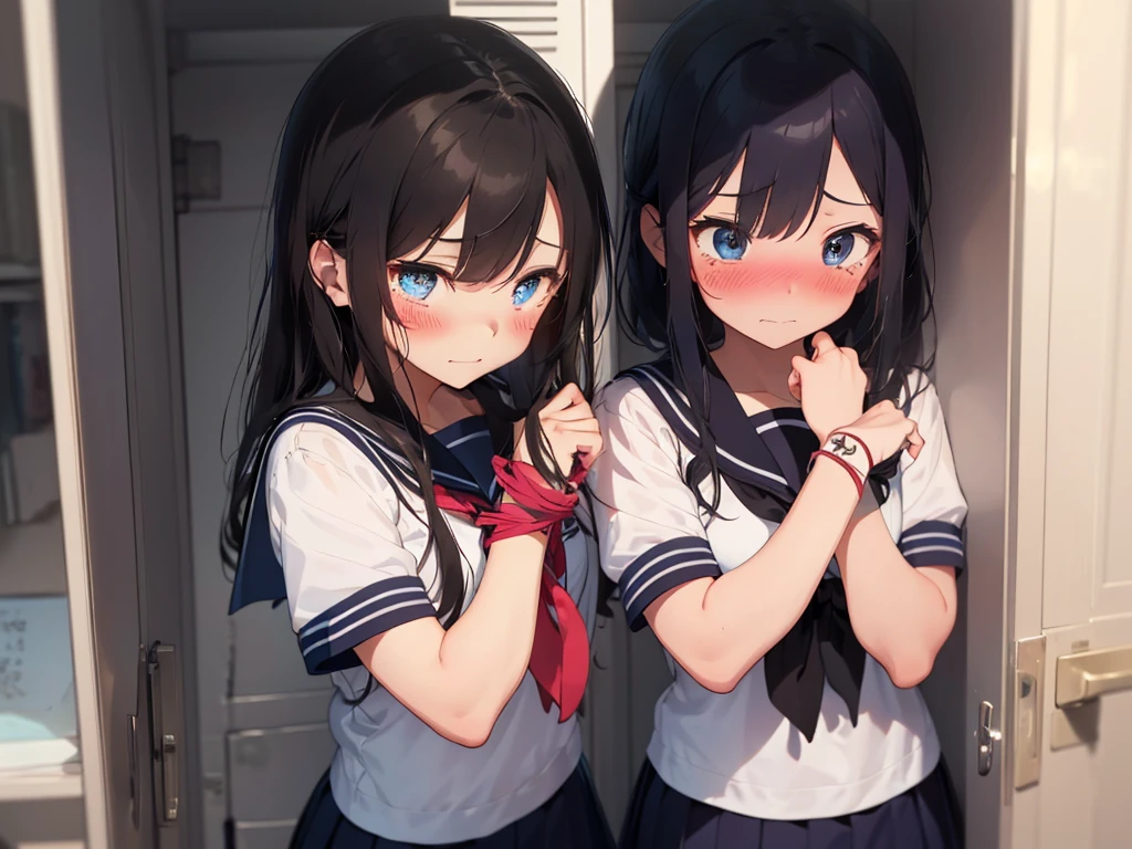 2 girls, shoved inside one locker, ((sailor uniform, short sleeve, tight clothing, miniskirt)), (blushing:1.5), (teary eyes:1.5), (tied up:1.5), (tied wrists:1.5), arms up, hanging, (blushing, worried, teary eyes), perfect body, perfect face, perfecte eyes, beautiful eyes, detailed eyes, image taken from inside, closed door