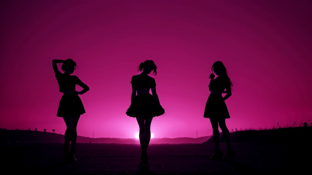 silhouette of three standing women, (line outline), dark pink background, ((high contrast)), facing viewer, cute (( like idol)) pose like models  
 