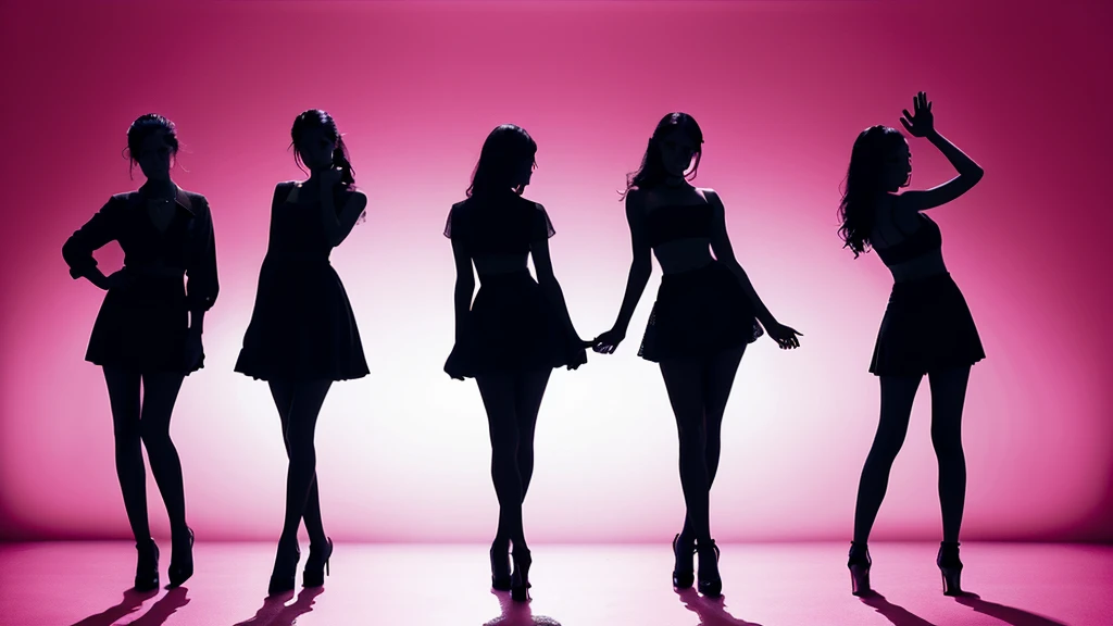 silhouette of three standing women, (line outline), dark pink background, ((high contrast)), facing viewer, cute (( like idol)) pose like models  
 