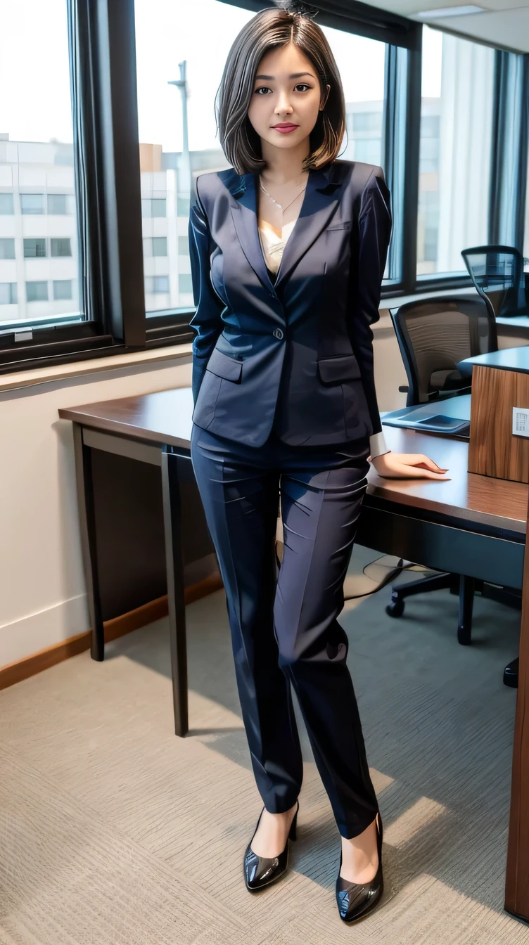 Highest quality:1.2), (Realistic,photo-Realistic:1.4), RAW Photos, High resolution, Very detailed, Intricate details, Short Haircut、Black Hair, (Front view, ), 20Old Japanese woman, Standing in office room, (whole body,:1.5), Large Breasts, (High-quality fabric, Office Lady Suit Pants Style:1.2), Fine grain, Detailed face, Fine skin, indoor,