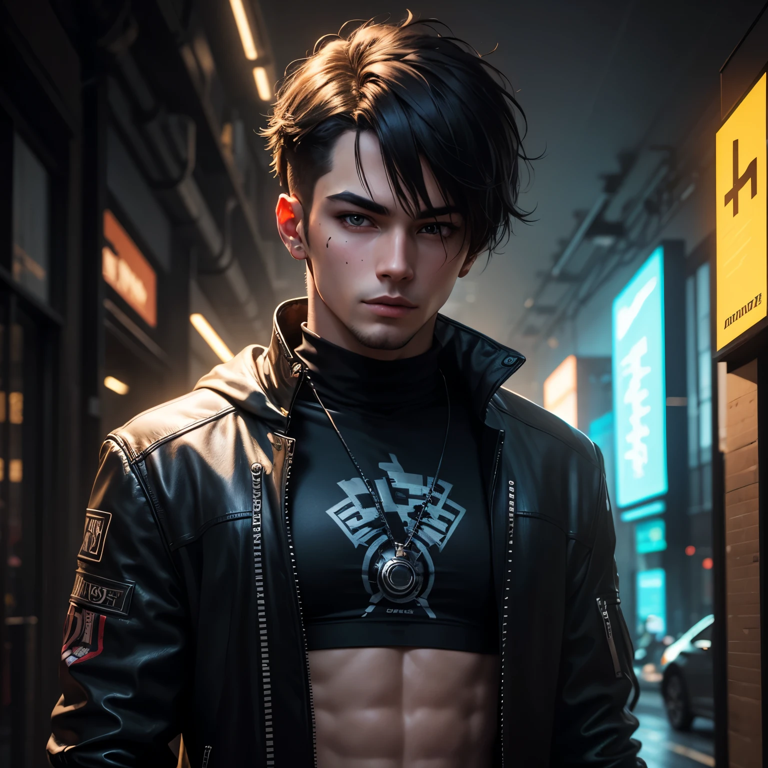 A age boy,male people,Shorter,rosto magro,Black eyes,Medium long hair,Black hair,hair messy,Black sweatshirt jacket jacket,black shirt,Dark gray trousers,boot,Gray backpack,Butterfly knife,hand gun,dual wielding,thief,exteriors,sci-fy,cyber punk perssonage,Interspersed with reality and virtuality/realistic sense/Dimensional wall,eventide,Run the track,MarketaB,control tower,neonlight,skyscrapper,Roof,City view,buliding,Riman,mtu,1 man,solo person,mitts,Sweatshirt,long-sleeved gloves,Open your clothes,Jacket with lapels,Combat posture,orthofacial,Floating hair,Messy hairstyle,Asymmetrical hairstyle - The hairstyle has significant asymmetrical parts,defiance,Arrogant face,grin face,exhilarated,Crazy,Smug face,ridicule,High-top boots,boot,knifes,arma,hand gun,Small eyeballs,sideface,taunt,Belt pouch,The wind blew up the jacket,Raise your knife and swing it forward,male people,1 man,Hook-lock gun,short detailed hair,Holding a butterfly knife,guffaw,big laughter