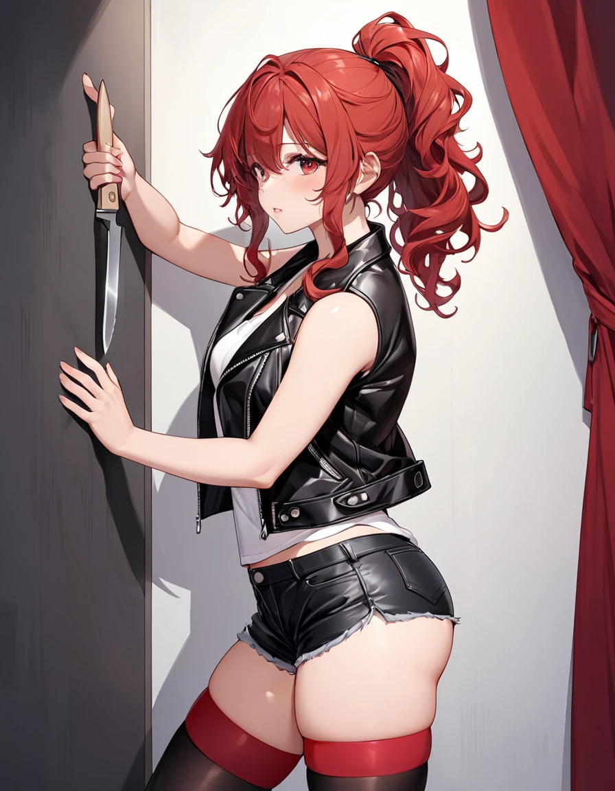 BREAK Perfect Anatomy、Highest quality、(cute:1.1)、(cute)、(High resolution:1.2)、Unbelievably absurd:1.3、Incredible illustrations、(cuteイラスト:1.2)、nsfw,（Beautiful background、Late Night、Bedroom、Red Curtain）、1gial(Red hair、strong wavy hair、ponytail）
,（leather jacket、Shorts、White tank top、Thigh-high stockings）Holding a large knife in his hand、With his back against the wall, he stares at me。