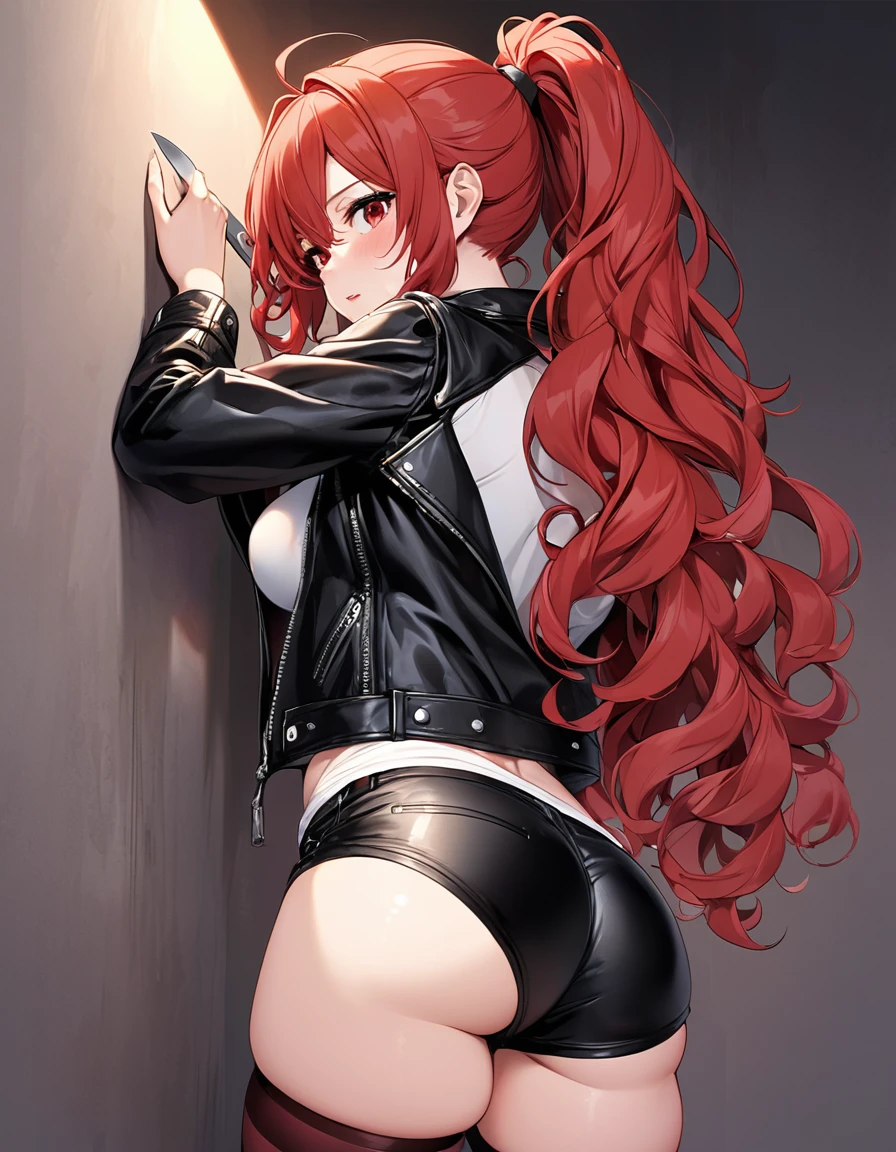 BREAK Perfect Anatomy、Highest quality、(cute:1.1)、(cute)、(High resolution:1.2)、Unbelievably absurd:1.3、Incredible illustrations、(cuteイラスト:1.2)、nsfw,(Beautiful background、Late Night、Bedroom、Red Curtain)、1gial(Red hair、strong wavy hair、ponytail)
,(leather jacket、Shorts、White tank top、Thigh-high stockings)Holding a large knife in his hand、With his back against the wall, he stares at me。