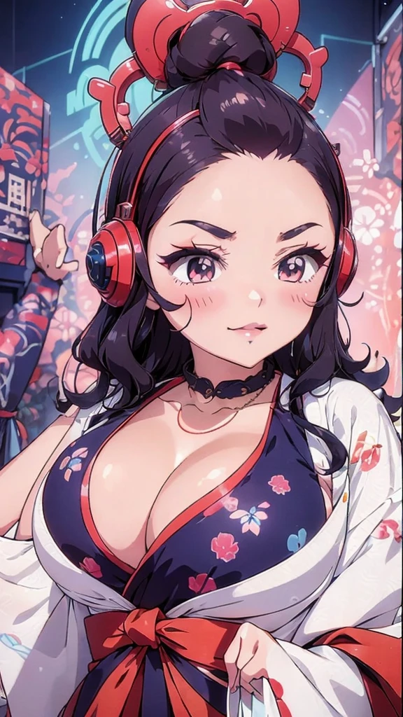 Japanese traditional clothing, Katsushika Hokusai Style, (cyber punk) (neon)、SakuraFubuki、kabuki、Japanese taste、Japanese tradition