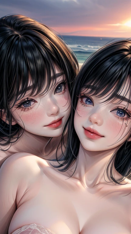 nsfw, Masterpiece, top quality, highly detailed,two beautiful girls,
young beautiful mature lesbian couple,
((Completely naked)), and excited by masturbation,
sweaty bare skin,
touching own nipples,
((The two of them put their faces together and shyly smile at the camera)), Portrait,
Close-up of their faces, at the tropical seaside resort in sunset, 

